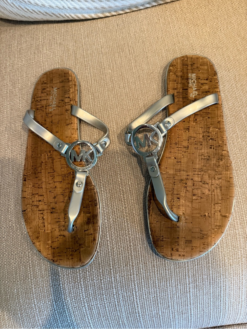 Michael Kors Silver Metallic MK Medallion Thong Sandals